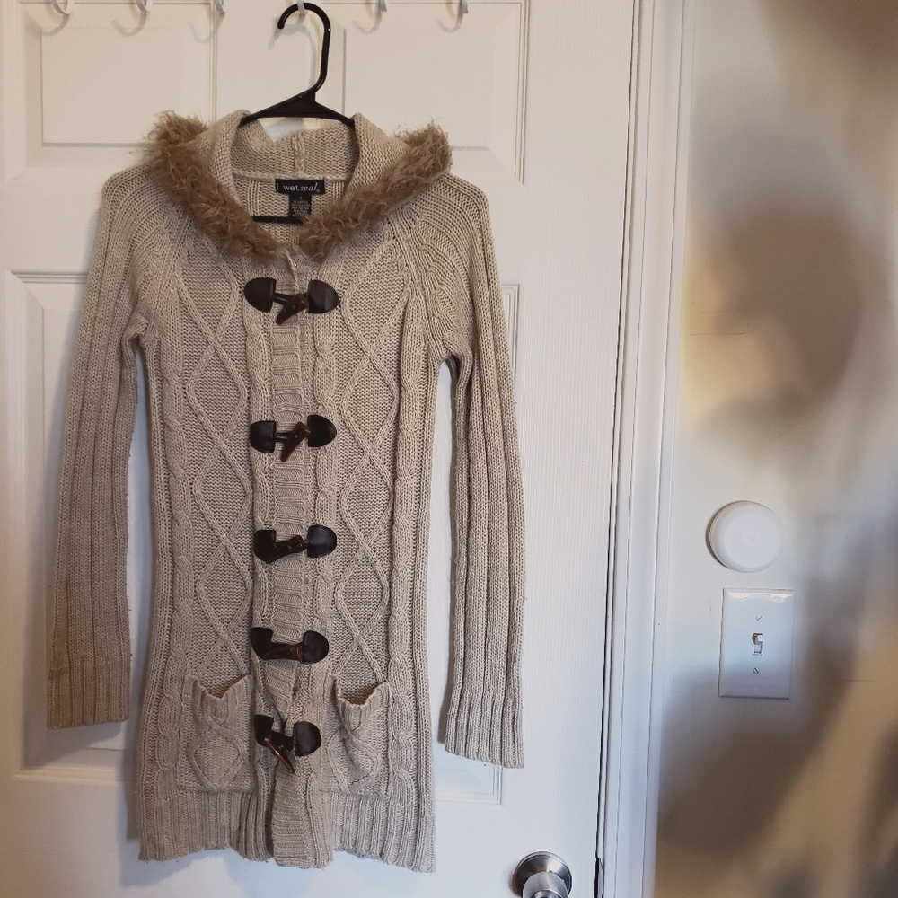 Wet Seal Faux Fur Hood Knit Cardigan Sweat…